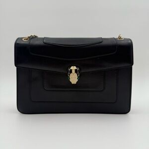 Authentic Bulgari Black Leather Shoulder Bag with Gold Accents